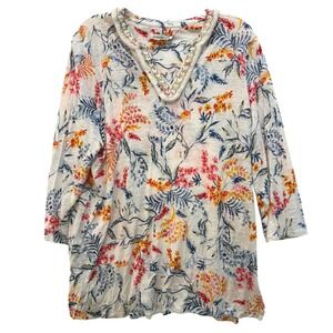 Chicos 100% Linen Floral Beaded V-Neck Top White Pink Orange Blue Size 3 XL